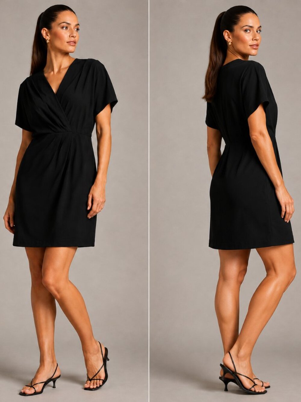 Nordstrom NWT Faux Wrap Pleated Black Dress L Weekend Work Travel Brunch Casual